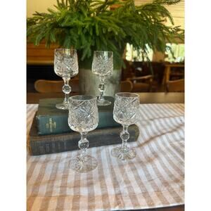 Vintage German Cut Crystal Cordial Glasses, set of 4, Star and Diamond Pattern